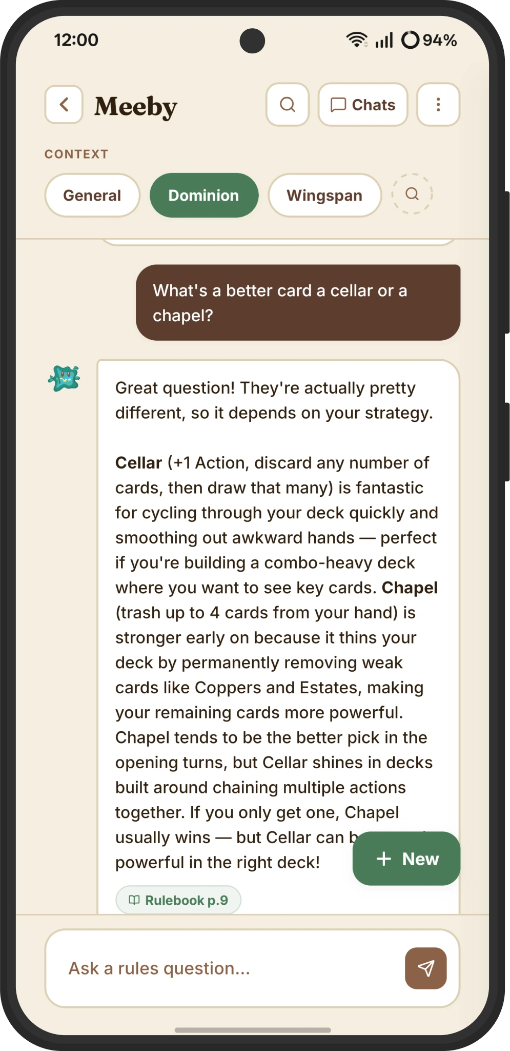 Chatting with Meeby, the in-app rules expert