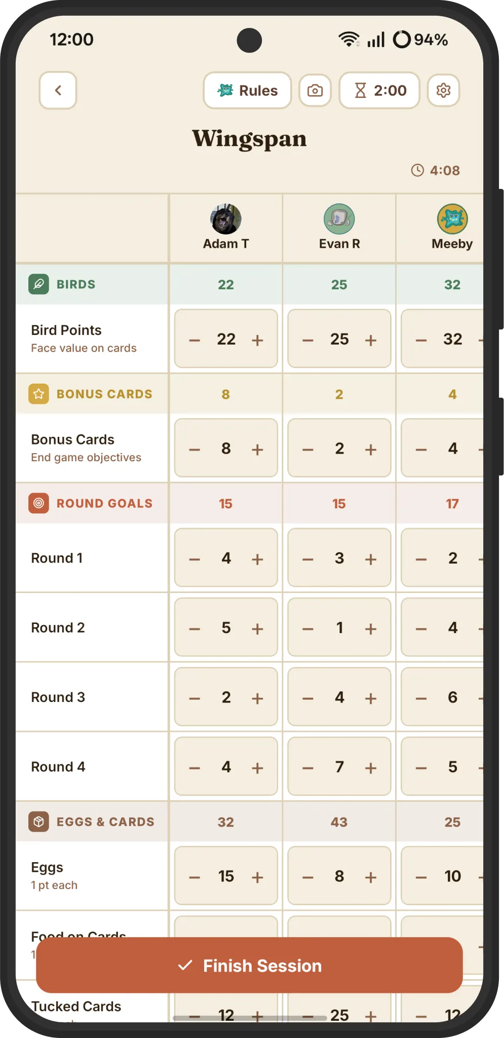 Gameeba live score sheet for Wingspan